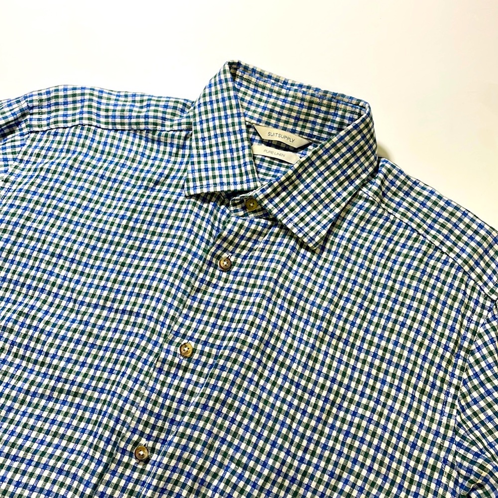 Suitsupply mens 15.5 39-7 L Long blue green checkered 100% linen dress shirt EUC